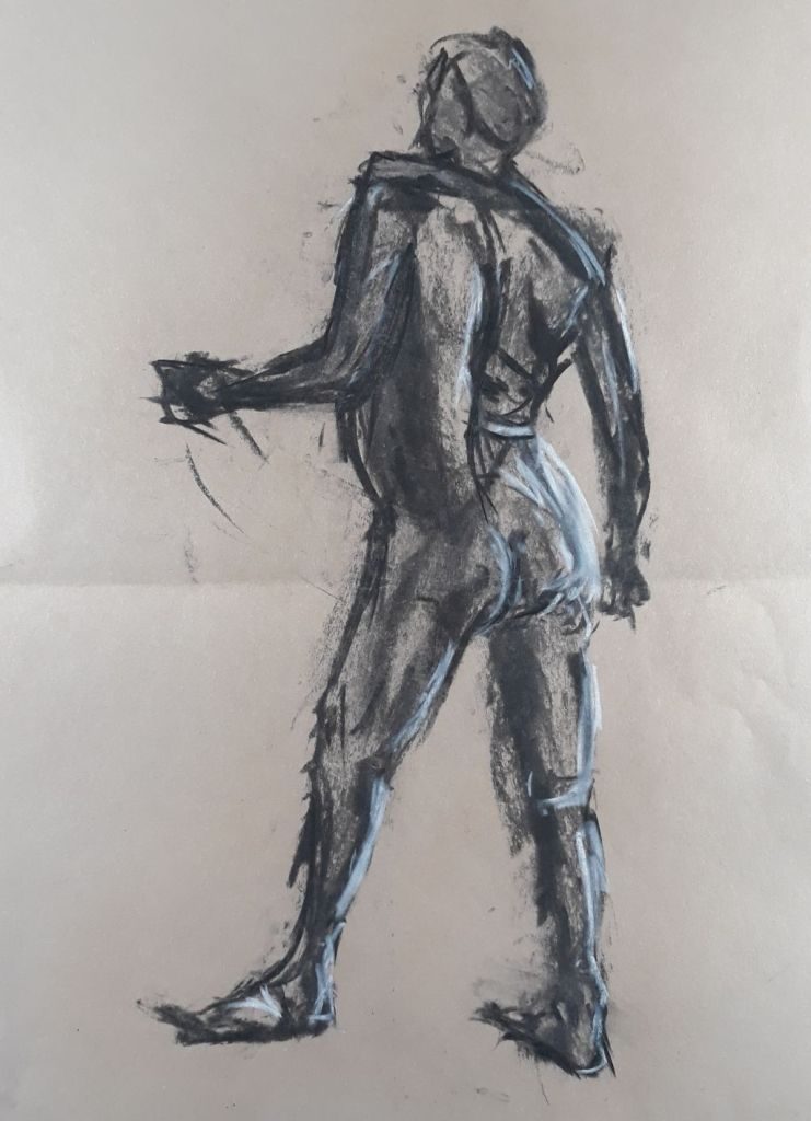 Mass figure, drawing with charcoal and chalk
