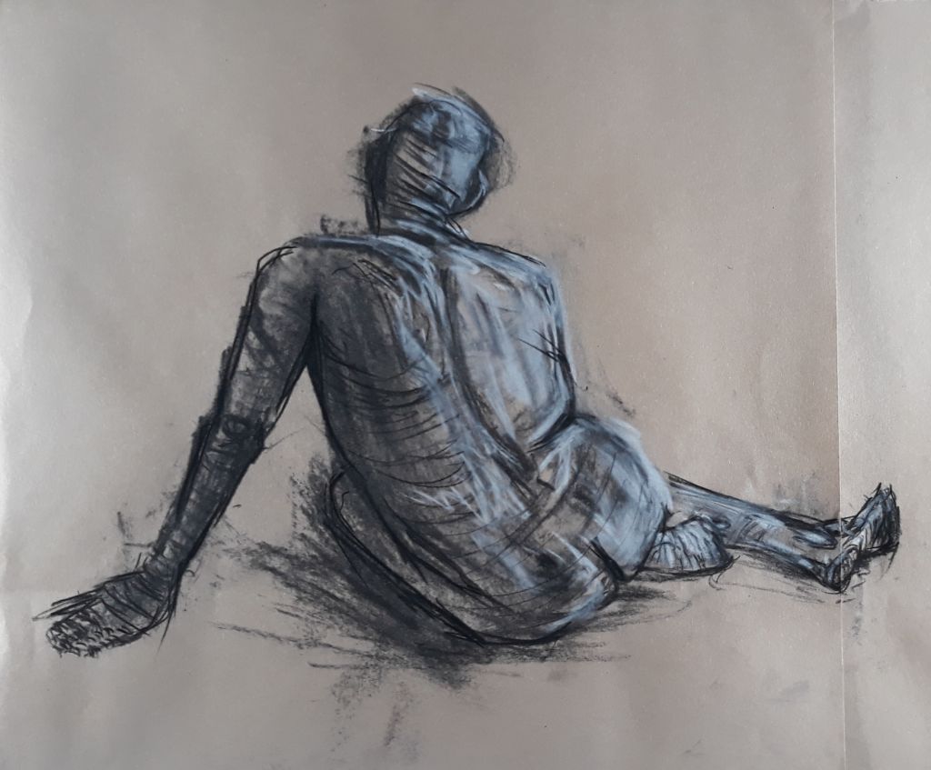 Mass figure, drawing with charcoal and chalk